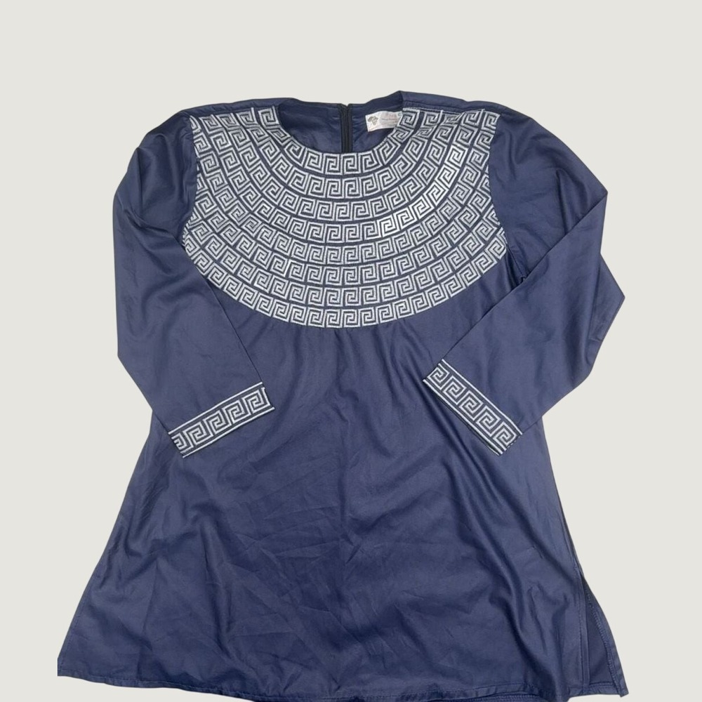 Nice Core‎ Greek Key Embroidered Tunic Top XXL African Garment Blue Long Sleeve